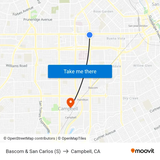 Bascom & San Carlos (S) to Campbell, CA map