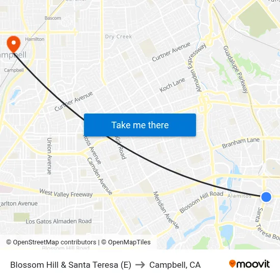 Blossom Hill & Santa Teresa (E) to Campbell, CA map