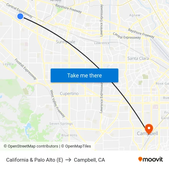 California & Palo Alto (E) to Campbell, CA map