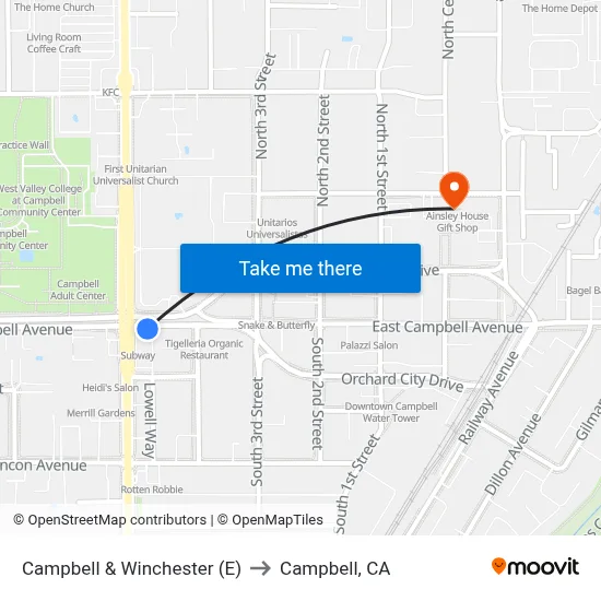 Campbell & Winchester (E) to Campbell, CA map