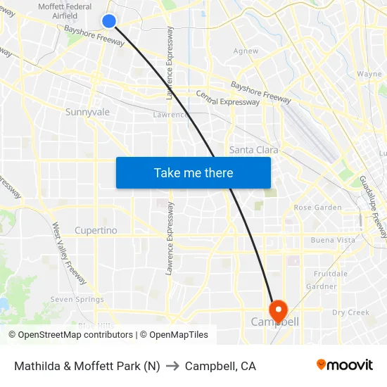 Mathilda & Moffett Park (N) to Campbell, CA map
