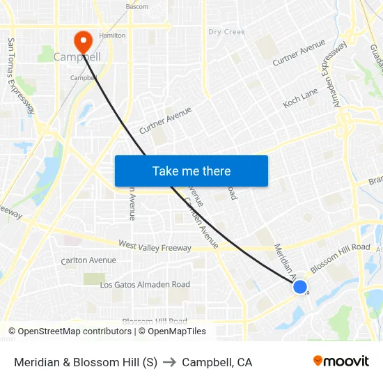 Meridian & Blossom Hill (S) to Campbell, CA map