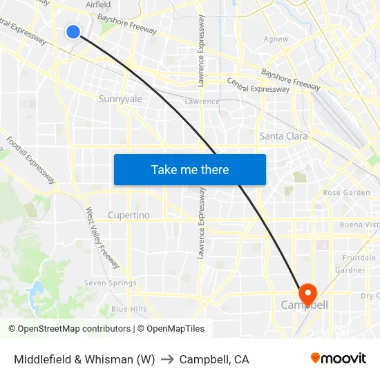 Middlefield & Whisman (W) to Campbell, CA map