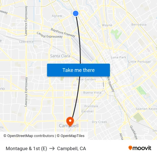 Montague & 1st (E) to Campbell, CA map