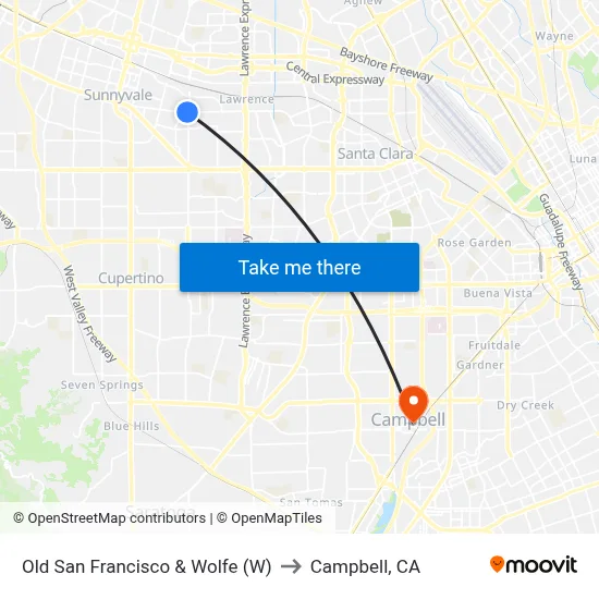 Old San Francisco & Wolfe (W) to Campbell, CA map