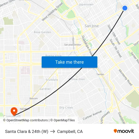 Santa Clara & 24th (W) to Campbell, CA map