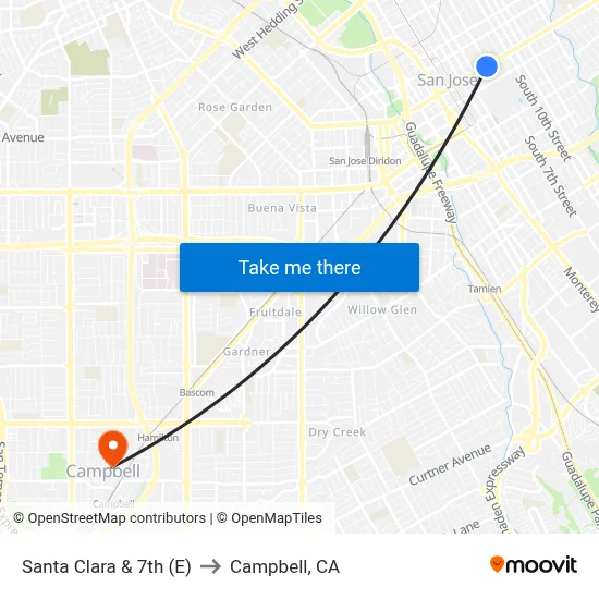 Santa Clara & 7th (E) to Campbell, CA map