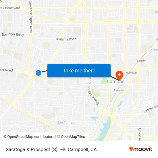 Saratoga & Prospect (S) to Campbell, CA map