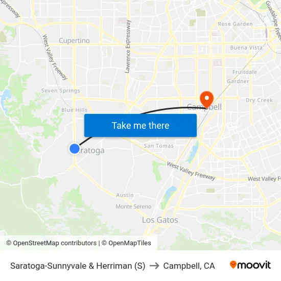 Saratoga-Sunnyvale & Herriman (S) to Campbell, CA map