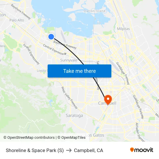 Shoreline & Space Park (S) to Campbell, CA map