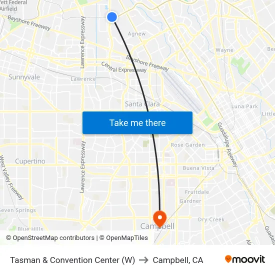 Tasman & Convention Center (W) to Campbell, CA map