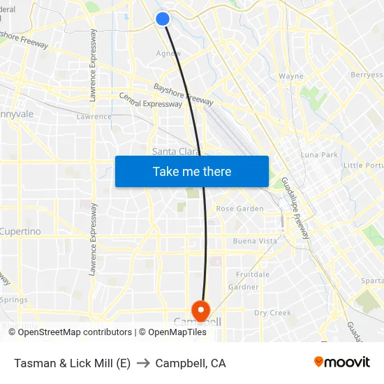Tasman & Lick Mill (E) to Campbell, CA map