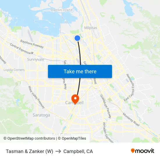 Tasman & Zanker (W) to Campbell, CA map
