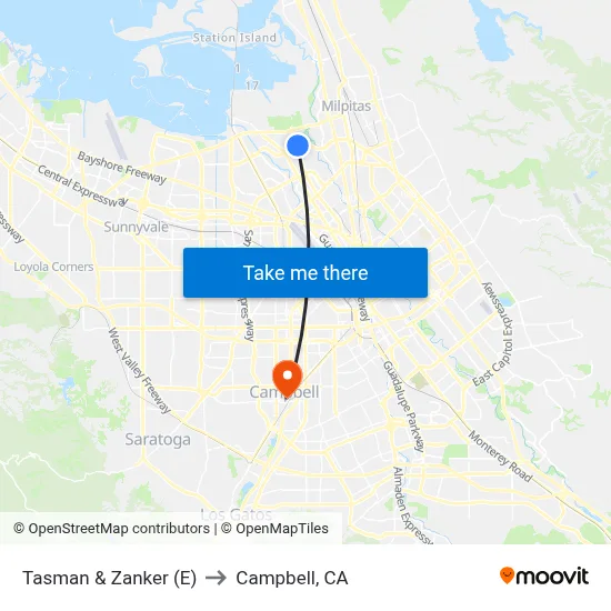 Tasman & Zanker (E) to Campbell, CA map