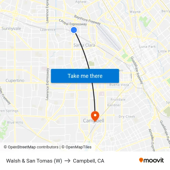Walsh & San Tomas (W) to Campbell, CA map