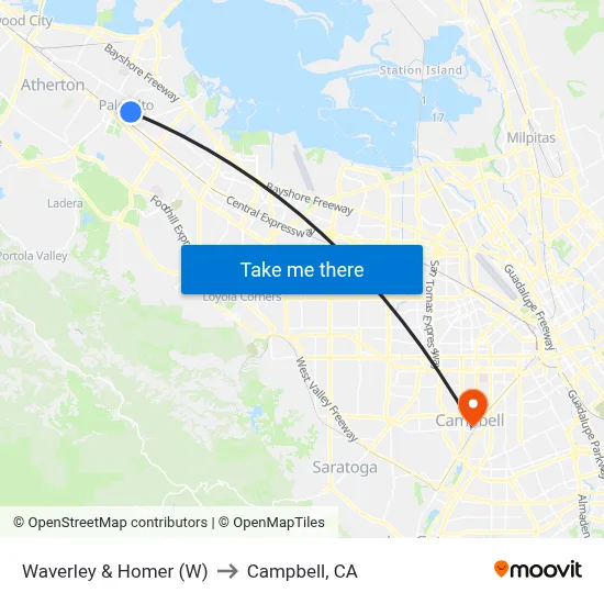 Waverley & Homer (W) to Campbell, CA map