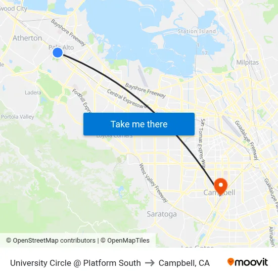 University Circle @ Platform South to Campbell, CA map