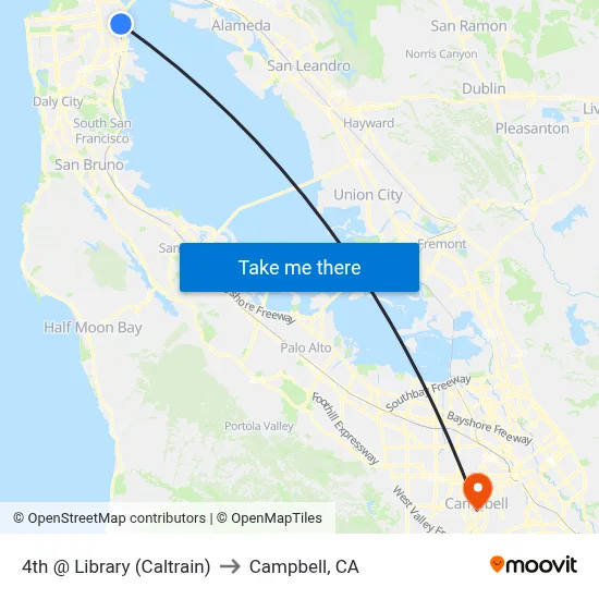 4th @ Library (Caltrain) to Campbell, CA map