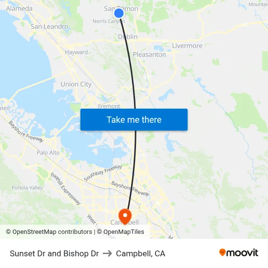 Sunset Dr and Bishop Dr to Campbell, CA map