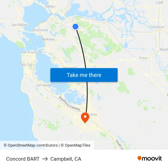 Concord BART to Campbell, CA map