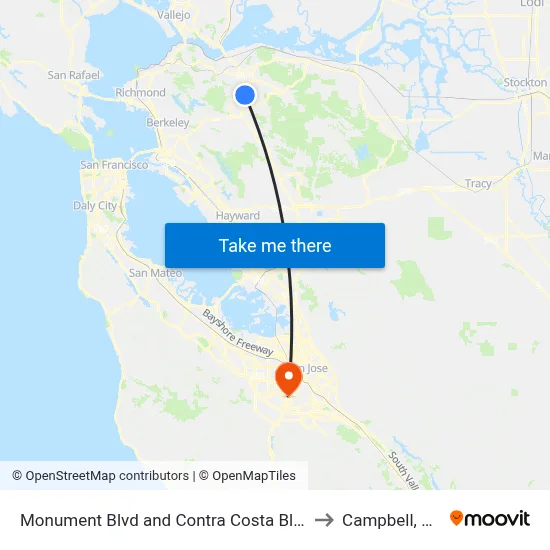 Monument Blvd and Contra Costa Blvd to Campbell, CA map