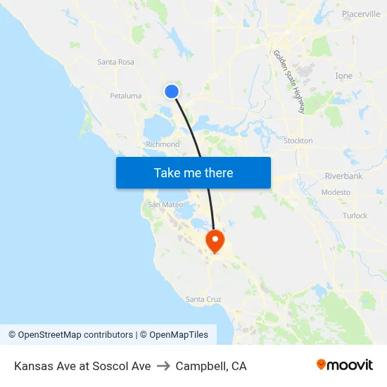 Kansas Ave at Soscol Ave to Campbell, CA map