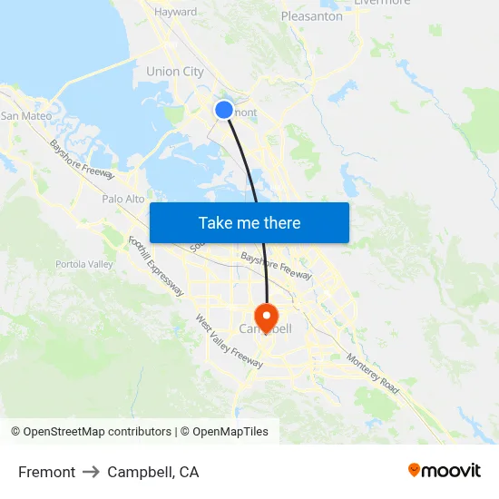 Fremont to Campbell, CA map