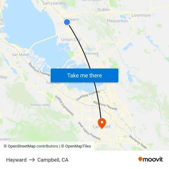 Hayward to Campbell, CA map