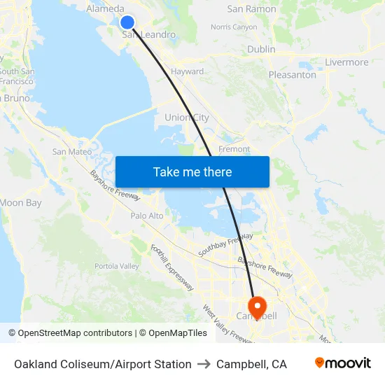 Oakland Coliseum/Airport Station to Campbell, CA map
