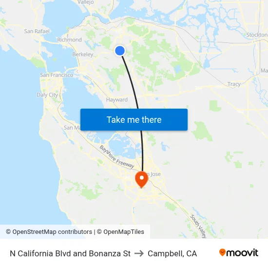 N California Blvd and Bonanza St to Campbell, CA map