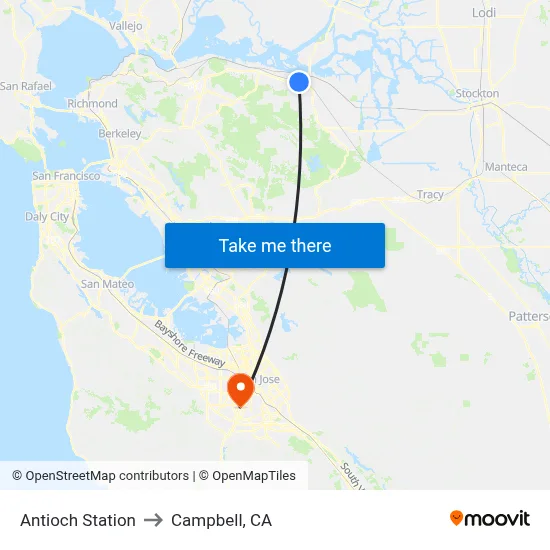 Antioch Station to Campbell, CA map