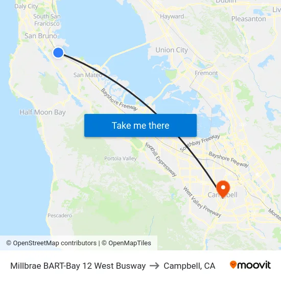 Millbrae BART-Bay 12 West Busway to Campbell, CA map