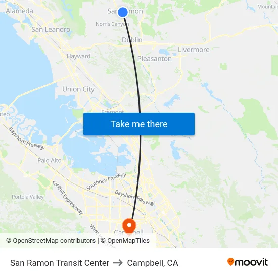 San Ramon Transit Center to Campbell, CA map