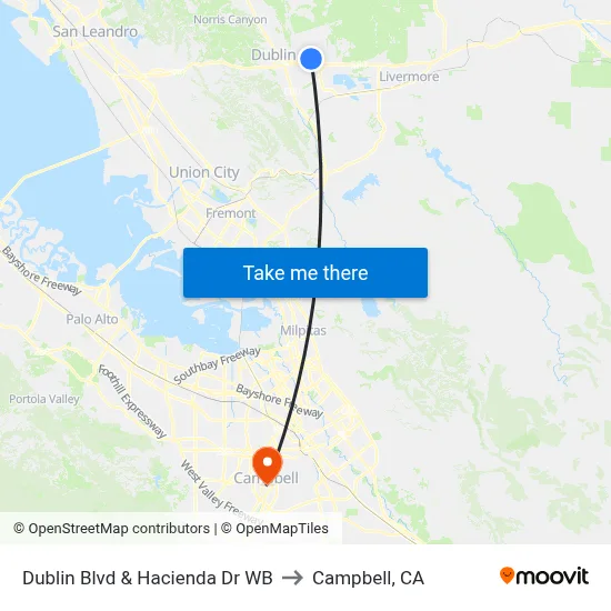 Dublin Blvd & Hacienda Dr WB to Campbell, CA map