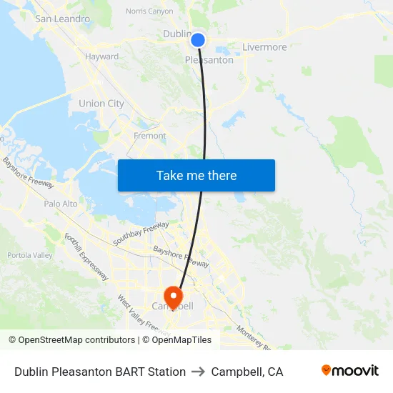 Dublin/Pleasanton BART Station to Campbell, CA map