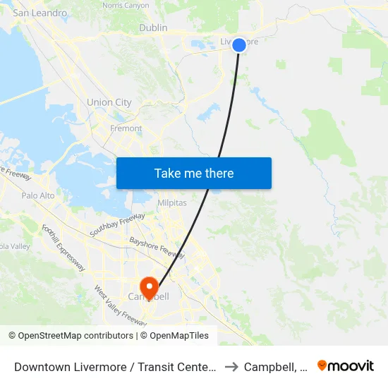 Downtown Livermore / Transit Center EB to Campbell, CA map
