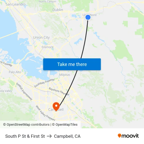 South P St & First St to Campbell, CA map
