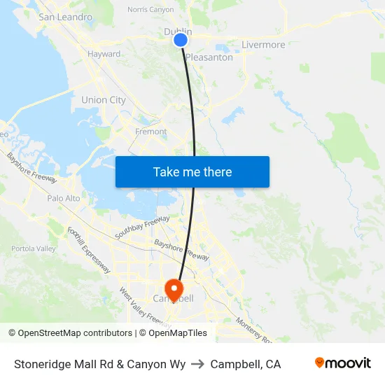 Stoneridge Mall Rd & Canyon Wy to Campbell, CA map