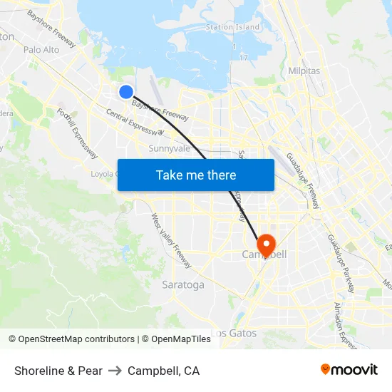 Shoreline & Pear to Campbell, CA map