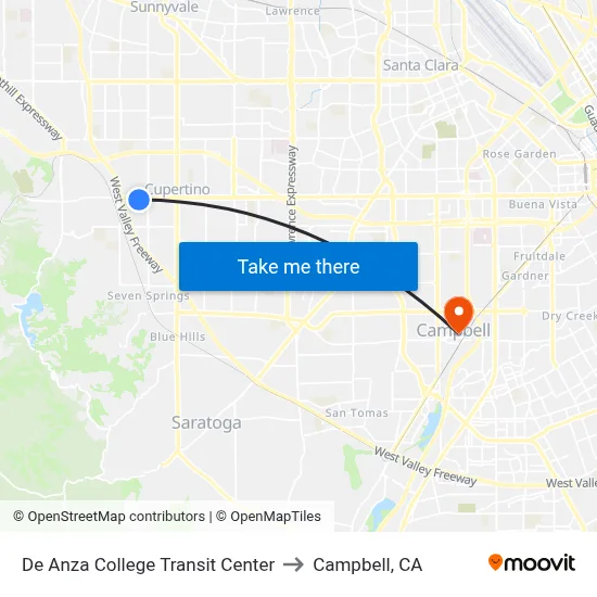 De Anza College Transit Center to Campbell, CA map