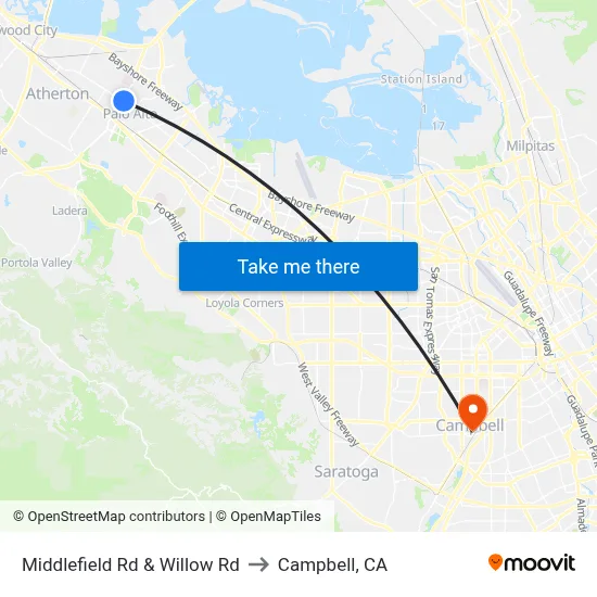 Middlefield Rd & Willow Rd to Campbell, CA map