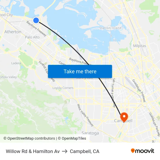 Willow Rd & Hamilton Av to Campbell, CA map
