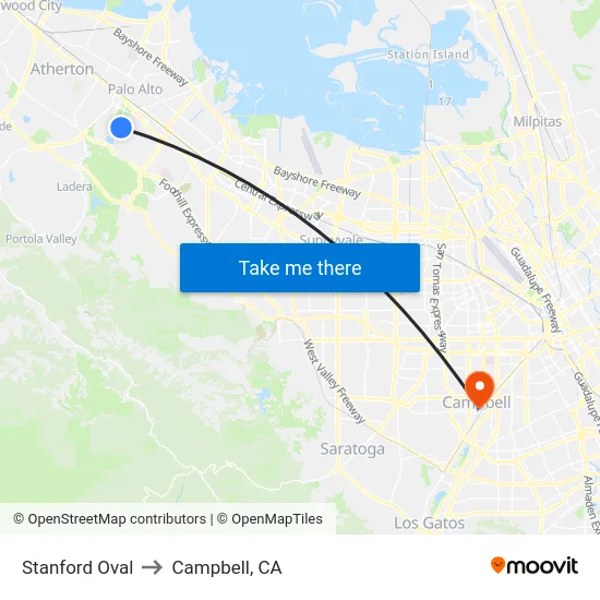 Stanford Oval to Campbell, CA map
