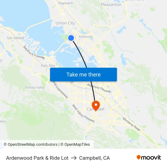 Ardenwood Park & Ride Lot to Campbell, CA map