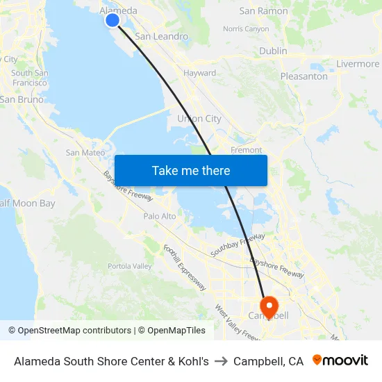 Alameda South Shore Center & Kohl's to Campbell, CA map