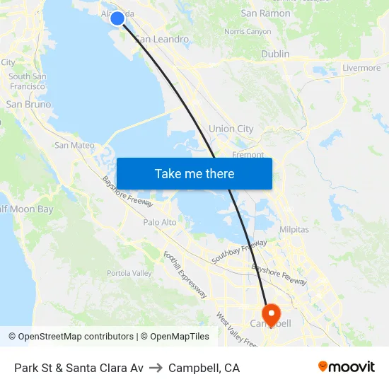 Park St & Santa Clara Av to Campbell, CA map