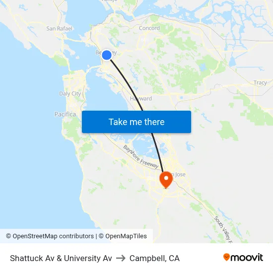 Shattuck Av & University Av to Campbell, CA map