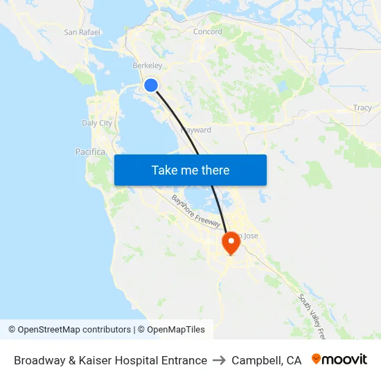 Broadway & Kaiser Hospital Entrance to Campbell, CA map