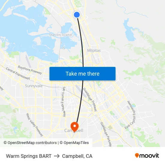 Warm Springs BART to Campbell, CA map