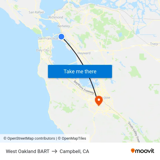 West Oakland BART to Campbell, CA map